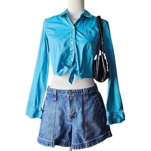 2000s Blue Ralph Lauren Cropped Button Down Tie Front Longsleeve | Size Medium